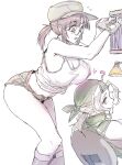  2girls ? bandana baseball_cap boots breasts brown_eyes brown_hair chair cleavage commentary_request crop_top desk_lamp fingerless_gloves fio_germi flying_sweatdrops from_side glasses gloves green_bandana green_vest grey_gloves grey_hat grey_shorts hat horse_girl kasamoto_eri lamp large_breasts leaning_forward long_hair looking_down madsensei metal_slug midriff multiple_girls muted_color open_mouth parted_lips round_eyewear short_shorts shorts sidelocks simple_background sketch solo_focus standing tank_top thighs vest white_background white_tank_top 