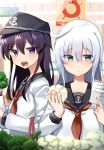  2girls ahoge akatsuki_(kantai_collection) anchor_symbol bangs black_sailor_collar blue_eyes broccoli cauliflower commentary_request enemy_lifebuoy_(kantai_collection) eyebrows_visible_through_hair flat_cap food hair_between_eyes hat hibiki_(kantai_collection) highres holding holding_paper kantai_collection katsuobushi_(eba_games) long_hair long_sleeves multiple_girls neckerchief open_mouth paper purple_eyes purple_hair red_neckwear sailor_collar school_uniform serafuku silver_hair vegetable 