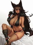  1girl animal_ears arm_support black_gloves breasts brown_hair dark_skin fishnet_legwear fishnets gloves highres houtengeki large_breasts long_hair looking_at_viewer open_mouth original paw_gloves paws smile solo thighhighs 