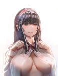  1girl black_eyes black_hair bow_(bhp) breasts breasts_apart clenched_hands fate/grand_order fate_(series) grin highres large_breasts long_hair mole mole_under_eye no_bra open_clothes open_shirt osakabe-hime_(fate/grand_order) parted_lips revision shirt sketch smile solo underboob 