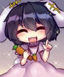  1girl animal_ears bangs black_hair bunny_ears bunny_tail carrot carrot_necklace closed_eyes dress eyebrows_visible_through_hair floppy_ears food gradient gradient_background inaba_tewi index_finger_raised open_mouth pink_dress short_hair solo star_(symbol) tail touhou unime_seaflower vegetable white_tail 