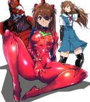  1girl bandages bangs black_legwear blue_eyes bodysuit breasts brown_hair commentary_request eva_02 evangelion:_3.0_you_can_(not)_redo eyepatch hair_ornament hand_up kamisimo_90 latex long_hair mecha multiple_views neck_ribbon neon_genesis_evangelion no_panties pilot_suit plugsuit rebuild_of_evangelion ribbon school_uniform shadow shikinami_asuka_langley shirt short_sleeves sitting skirt small_breasts smile souryuu_asuka_langley spread_legs turtleneck two_side_up 