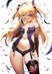  1girl bangs bare_shoulders black_feathers blonde_hair blush bow breasts chuunibyou eyepatch fischl_(genshin_impact) garter_straps genshin_impact gloves green_eyes hair_over_one_eye highres long_hair looking_at_viewer miu_(angelo_whitechoc) simple_background single_glove single_thighhigh small_breasts solo thighhighs thighs two_side_up white_background 