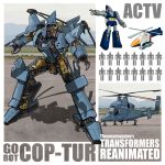  aircraft arm_cannon chain_gun character_name cop-tur english_commentary gobots helicopter highres mecha military multiple_views no_humans one-eyed open_hands orange_eyes pointing propeller red_eyes redesign silhouette theamazingspino transformers weapon 