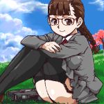  1girl bag bangs black_legwear blue_sky blunt_bangs braid breasts brown_eyes brown_hair cloud commentary_request day garter_belt garter_straps glasses jacket kamisimo_90 knees_up looking_at_viewer lowres medium_breasts necktie oekaki original outdoors plain_girl_(kamisimo_90) pleated_skirt school_uniform sitting skirt sky smile thighhighs thighs tree twin_braids 