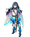  1girl bangs belt blue_bodysuit blue_eyes blue_hair bodysuit bodysuit_under_clothes boots cape detached_sleeves dress falchion_(fire_emblem) fingerless_gloves fire_emblem fire_emblem_awakening fire_emblem_heroes full_body gloves gradient gradient_cape gradient_clothes highres himukai_yuuji jewelry long_hair lucina_(fire_emblem) official_art ribbed_bodysuit sheath shiny shiny_hair shiny_skin short_dress skin_tight solo sword thigh_boots thighhighs tiara transparent_background weapon 