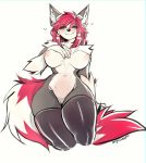  2020 anthro blush breasts canid canine canis chest_tuft clothed clothing countershading edit female fluffy fluffy_tail fur genitals green_eyes grey_body grey_fur hair hand_behind_back hand_on_breast hi_res hybrid leggings legwear looking_at_viewer mammal markings nipples partially_clothed pink_hair pink_nipples procyonid pussy raccoon red_hair rikki rubber ryukoeffect shoulder_tuft signature simple_background small_waist solo stripes thick_thighs thigh_highs topless tuft white_background white_body white_fur white_stripes wide_hips 