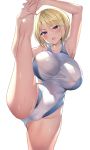  1girl arm_behind_head armpits arms_up bangs bare_legs blonde_hair blue_eyes blush breasts cameltoe collarbone commentary_request competition_swimsuit covered_navel covered_nipples feet_out_of_frame groin highleg highleg_swimsuit highres kuwahara_hazuki large_breasts looking_at_viewer one-piece_swimsuit open_mouth original partially_visible_vulva sanshoku_amido see-through shadow short_hair side_cutout simple_background solo split standing standing_on_one_leg standing_split swimsuit thighs wet wet_clothes wet_swimsuit white_background 