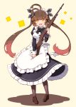  1girl :d alternate_costume antenna_hair apron bangs battle_rifle black_bow black_dress bow breasts brown_background brown_footwear brown_hair brown_legwear collared_dress colored_shadow commentary_request dress enmaided eyebrows_visible_through_hair frilled_apron frilled_dress frills full_body girls_frontline gun highres holding holding_gun holding_weapon juliet_sleeves loafers long_hair long_sleeves looking_at_viewer m14 m14_(girls_frontline) maid maid_apron maid_headdress medium_breasts multicolored_hair object_namesake open_mouth orange_eyes pantyhose puffy_sleeves rifle sansei_rain shadow shoes smile solo standing striped striped_bow twintails two-tone_hair very_long_hair weapon white_apron 