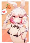  1girl 5danny1206 absurdres animal_ears arched_back arm_strap bare_shoulders bikini black_bikini black_choker bow bowtie breasts bunny_ears bunny_girl bunny_tail carrot cellphone choker detached_collar hands_up heart highres holding holding_phone looking_at_viewer micro_bikini navel notice_lines original phone pink_hair red_eyes short_hair small_breasts smartphone smile solo spoken_heart stomach string_bikini swimsuit tail two-tone_background upper_body v wrist_cuffs 