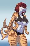  anthro athletic athletic_anthro athletic_female breasts cleavage clothed clothing female fish hair marine non-mammal_breasts rawslaw5 red_eyes shark solo toothy_grin under_boob 