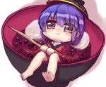  1girl bangs bowl bowl_hat closed_mouth food hat holding holding_needle in_bowl in_container japanese_clothes kimono long_sleeves minigirl needle purple_eyes purple_hair red_kimono short_hair simple_background solo soup sukuna_shinmyoumaru sweat touhou unime_seaflower white_background 