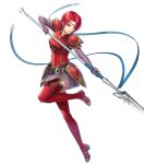  1girl armor bangs belt black_legwear boots breastplate circlet dress earrings elbow_gloves fire_emblem fire_emblem:_the_binding_blade fire_emblem_heroes full_body gloves highres jewelry kiyu_(zuyu) melady_(fire_emblem) official_art purple_dress red_armor red_eyes red_hair shiny shiny_clothes shiny_hair short_dress short_hair shoulder_armor sleeveless solo thigh_boots thighhighs thighhighs_under_boots transparent_background white_background zettai_ryouiki 