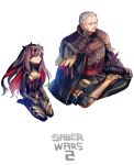  1boy 1girl armor black_eyes black_hair cape closed_eyes facial_hair fate/grand_order fate_(series) goatee grey_hair ishtar_(fate)_(all) katana long_legs lotus_position mebaru multicolored_hair red_hair samurai seiza sitting space_ishtar_(fate) sword two-tone_hair weapon white_background yagyuu_munenori_(fate/grand_order) 