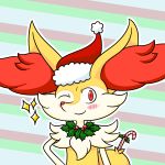  1:1 2020 absurd_res anthro braixen candy candy_cane canid canine cheek_tuft chest_tuft christmas clothing dessert facial_tuft food fox fur hat headgear headwear hi_res holidays holly_(plant) inner_ear_fluff ipodtouch0218 mammal nintendo one_eye_closed plant pok&eacute;mon pok&eacute;mon_(species) red_eyes santa_hat shaded simple_background simple_shading smile solo tuft video_games white_body white_fur wink yellow_body yellow_fur 