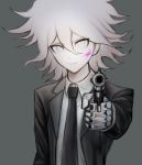  1boy blood blood_on_face collared_shirt danganronpa danganronpa_3 expressionless formal grey_background grey_eyes gun hair_between_eyes holding holding_gun holding_weapon jacket komaeda_nagito komatsuzaki_rui_(style) male_focus mechanical_arm messy_hair necktie official_style open_clothes open_jacket pink_blood shirt solo spoilers suit wamigakiko weapon white_hair 