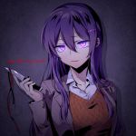 1girl bangs commentary_request doki_doki_literature_club english_text eyebrows_visible_through_hair grey_jacket hair_between_eyes hair_ornament hairclip jacket knife long_hair long_sleeves looking_at_viewer nan_(gokurou) open_clothes open_jacket parted_lips purple_eyes purple_hair red_ribbon ribbon school_uniform simple_background smile solo twitter_username upper_body wing_collar yuri_(doki_doki_literature_club) 