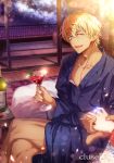  1boy 1girl alcohol amuro_tooru artist_name bangs blonde_hair blue_eyes blue_kimono blurry bokeh bottle cherry cloud cluseller cocktail_glass collarbone commentary_request crossed_bangs crossed_legs cup dark_skin dark_skinned_male depth_of_field drinking_glass eyebrows_visible_through_hair female_pov floral_print food fruit glint half-closed_eyes hands_up highres holding holding_hands indoors japanese_clothes jewelry kimono light_particles long_sleeves looking_at_viewer meitantei_conan mint night on_bed petals pool pov ring sample short_hair solo_focus star_(sky) table translation_request water watermark wedding_ring wide_sleeves wine 