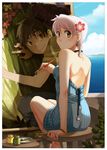  1girl art_brush back backless_dress backless_outfit bare_back bare_shoulders barefoot bob_(meago) drawing dress emily_(meago) face flower hair_flower hair_ornament looking_back meago original paintbrush painting palette 