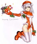  absurdres blue_eyes boots bow christmas elbow_gloves gift grey_hair hakua_ugetsu hat kneeling scan smile solo thigh-highs 