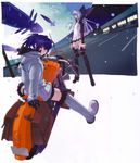  absurdres blue_hair boots copyright_request ground_vehicle hakua_ugetsu highres moon motor_vehicle motorcycle multiple_girls red_eyes scan thighhighs 
