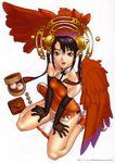  absurdres bamboo_steamer baozi boots brown_hair china_dress chinese_clothes copyright_request dim_sum dress elbow_gloves food gloves hair_ornament hakua_ugetsu highres red_eyes scan simple_background sitting solo wariza wings 