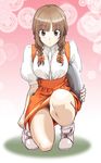  :o anna_miller bow braid breasts brown_eyes brown_hair foreshortening hair_bow highres kimi_kiss large_breasts mdc_honpo mizusawa_mao one_knee orange_skirt panties pantyshot pantyshot_(squatting) skirt squatting striped striped_panties twin_braids underwear waitress 