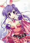  :d absurdres alchemist_(ragnarok_online) alternate_color animal_ears belt blush breasts buckle bunny_ears cape cover cover_page detached_collar dress fake_animal_ears fingerless_gloves fur_trim gloves highres looking_at_viewer medium_breasts mitha open_mouth outstretched_arms purple_hair ragnarok_online red_dress smile 
