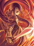  absurdres armor belt cape cross crusader fire gauntlets highres holding holding_shield holding_sword holding_weapon long_hair non-web_source pauldrons profile ragnarok_online red shield solo sword weapon xration 