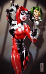  1girl batman_(series) blue_eyes bodysuit bomb breasts cane cleavage dc_comics domino_mask face_paint facepaint female gloves harley_quinn hat jester jester_cap latex lipstick makeup mask shiny shiny_clothes skin_tight solo standing 