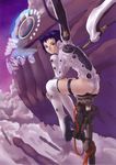  absurdres ass blue_eyes bodysuit cable chin_rest clouds hakua_ugetsu high_heels looking_back plugsuit purple_hair scan scifi short_hair sitting solo spaceship thigh-highs thigh_strap wings 