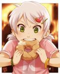  bagel child clothes_writing eating face food green_eyes meago mina_(meago) original solo white_hair younger 