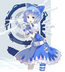  1girl 77gl alternate_costume belt blue_eyes blue_hair bow cirno electricity gloves hat highres ice pyonta socks solo striped thighhighs touhou wings 