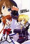  absurdres beret black_gloves blonde_hair blue_eyes bow bowtie brown_hair clenched_hand dress fate_testarossa fingerless_gloves gloves hasegawa_kouji hat highres looking_at_viewer lyrical_nanoha mahou_shoujo_lyrical_nanoha_strikers multiple_girls red_bow red_neckwear short_hair simple_background takamachi_nanoha text_focus white_background white_dress yagami_hayate 