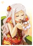  cake closed_eyes eating face food grey_hair hair_ornament long_hair meago mina_(meago) open_mouth original sitting solo 