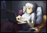  bed computer emily_(meago) face green_eyes hands laptop meago night original pajamas shirt solo t-shirt white_hair 