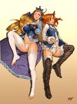  blonde_hair blue_eyes boots breasts brown_eyes feet final_fantasy final_fantasy_iii garters huge_breasts kanda_(ura-kanda) lace lace-trimmed_panties long_hair long_sleeves lying multiple_girls on_back one_eye_closed orange_hair panties refia sara_altney skirt thigh_boots thighhighs toeless_legwear underwear white_legwear white_panties 