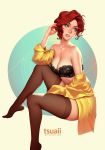  1girl adjusting_hair black_bra blue_eyes bra breasts cleavage collarbone highres jonathan_hamilton off_shoulder pinup red_(transistor) red_hair short_hair simple_background sitting smile solo strapless strapless_bra thighhighs transistor_(game) underwear 