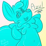  2017 anthro azul_(character) blue_eyes candy canine coyote cute_fangs food food_creature huge_tail jelly living_candy mammal milkpudding open_mouth signature simple_background slightly_chubby smile solo 