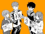  2boys 2girls black_hair bow bowtie buttons chain collared_jacket collared_shirt glasses holding holding_sign inui_arihiko jacket medium_hair metarogu mixed-language_text multiple_boys multiple_girls noel_(tsukihime) orange_background pants parted_lips ponyta shirt short_hair sign skirt smile sweater tohno_shiki tsukihime tsukihime_(remake) twintails white_shirt yumizuka_satsuki 