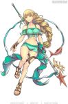  1girl bangs bare_shoulders bikini blonde_hair breasts brown_footwear brown_gloves cleavage commentary fingerless_gloves fire_emblem fire_emblem:_three_houses fire_emblem_heroes full_body gloves gofelem green_bikini green_eyes green_ribbon green_shorts hair_ribbon holding holding_weapon ingrid_brandl_galatea long_hair medium_breasts navel off-shoulder_swimsuit polearm ribbon sandals short_shorts short_sleeves shorts simple_background smile solo stomach swimsuit thighs weapon white_background 