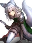  1girl animal_ear_fluff animal_ears armor artist_name cape elbow_gloves fur_trim gloves green_cape green_eyes hi-na1 holding holding_knife knife looking_at_viewer sennen_sensou_aigis solo tail thigh_strap weapon weiss_(sennen_sensou_aigis) white_background white_hair white_legwear 