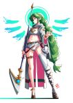  1girl alternate_costume automatic_giraffe ball bangs belt black_scarf bracelet breasts forehead_jewel from_side green_hair grey_jacket holding holding_ball holding_lance holding_polearm holding_weapon jacket jewelry jug kid_icarus kid_icarus_uprising lance long_hair long_jacket looking_ahead low-tied_long_hair medium_breasts midriff navel open_clothes open_fly open_hand open_jacket palutena parted_bangs polearm red_eyes scarf short_shorts shorts single_thighhigh solo standing thigh_strap thighhighs very_long_hair weapon 