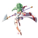  1girl alternate_costume automatic_giraffe ball crop_top dated dynamic_pose english_commentary floating_hair green_hair holding holding_ball holding_lance holding_polearm holding_weapon jacket jug kid_icarus kid_icarus_uprising lance long_hair looking_to_the_side low-tied_long_hair palutena polearm red_eyes short_shorts shorts single_thighhigh solo thighhighs very_long_hair weapon white_jacket 