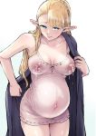  1girl dark_nipples elf highres lactation lactation_through_clothes nipples onokoro401 pointy_ears pregnant 