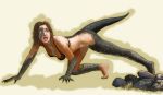  2011 all_fours bra breasts brown_hair clothing female green_body green_scales hair human jcheetah komodo_dragon lizard mammal monitor_lizard open_mouth reptile rock scales scalie scared simple_background solo transformation underwear 