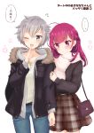  ! 2girls ahoge bag blush chiwa_(chiwawanwan1206) finger_to_mouth fur-trimmed_jacket fur_trim grey_eyes grey_hair handbag highres holding_hands jacket long_hair magia_record:_mahou_shoujo_madoka_magica_gaiden mahou_shoujo_madoka_magica multiple_girls notice_lines one_eye_closed open_mouth pants pink_eyes plaid plaid_skirt red_hair scarf shinobu_akira_(magia_record) short_hair skirt sweatdrop sweater tokiwa_nanaka white_background winter_clothes yuri 