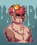  anthro bodily_fluids crown digital_media_(artwork) felid fur hair hi_res inner_ear_fluff lion looking_at_viewer male mammal nude pantherine pink_eyes pink_hair scar simple_background smile solo tuft yurihimawari 