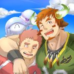  2boys animal_ears bara blush brown_hair chest collared_shirt couple cow_ears facial_hair facial_scar forked_eyebrows glowing_horns goatee green_shirt gunzo_(tokyo_houkago_summoners) horns katoributa_a looking_at_viewer male_focus multiple_boys muscle red_shirt rugby_uniform scar scar_on_cheek shirt short_sleeves sideburns smile spirit sportswear stubble thick_eyebrows tokyo_houkago_summoners v-neck wakan_tanka 