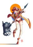  1girl alternate_costume alternate_eye_color automatic_giraffe bangs belt boots breasts brown_gloves brown_hair coat collarbone commentary crop_top dated earrings english_commentary fingerless_gloves flipped_hair full_body gem gloves groin hammer hand_up holding holding_hammer holding_weapon huge_weapon jewelry looking_down looking_to_the_side mario_(series) medium_breasts micro_shorts midriff navel necklace open_clothes orange_coat orange_footwear parted_bangs pendant popped_collar princess_daisy red_eyes red_shirt red_shorts shirt short_eyebrows short_hair short_shorts shorts sideways_glance signature sketch sleeveless sleeveless_jacket solo standing standing_on_one_leg thighhighs toned weapon white_background 